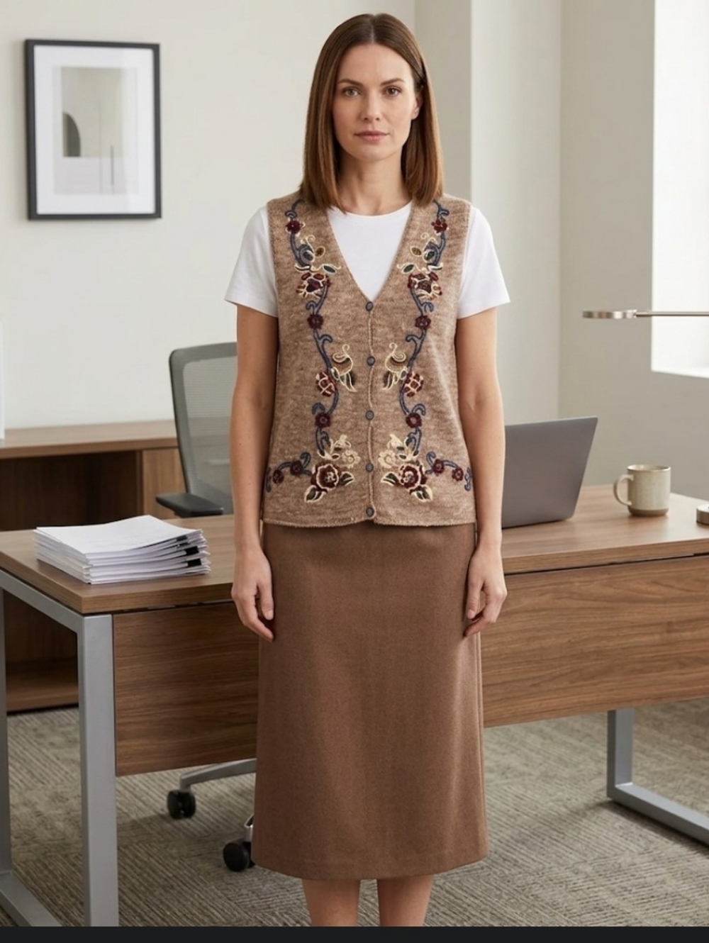 Vtg Embroidered Sweater Vest M Brown Marled Gina Peters Flowers